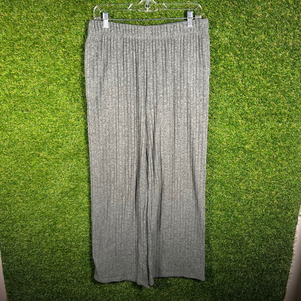Womens Heather Gray Ribbed Knit Wide Leg Pants Elastic Waist High‎ Rise Size L